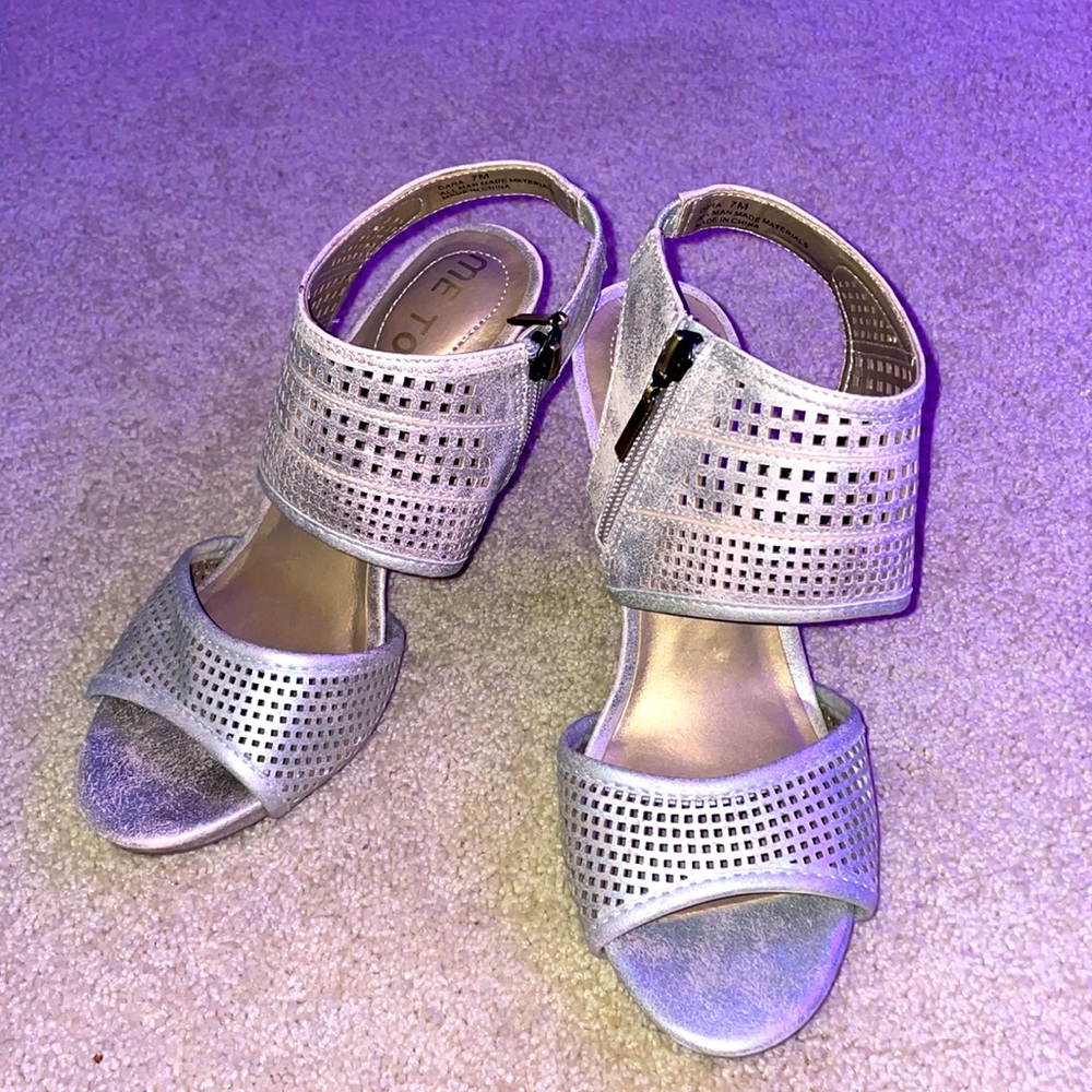 Me to, light gold, size 7, 3 1/2 inch semi wedge heel